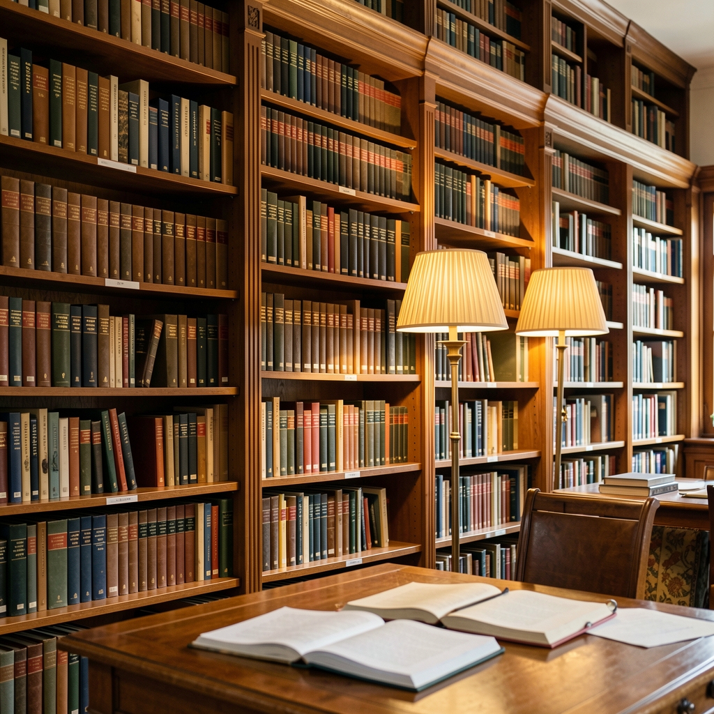 Tall bookshelves in a quiet library filled with academic volumes, warm lamp light illuminating the spines, a reading desk with papers in the foreground