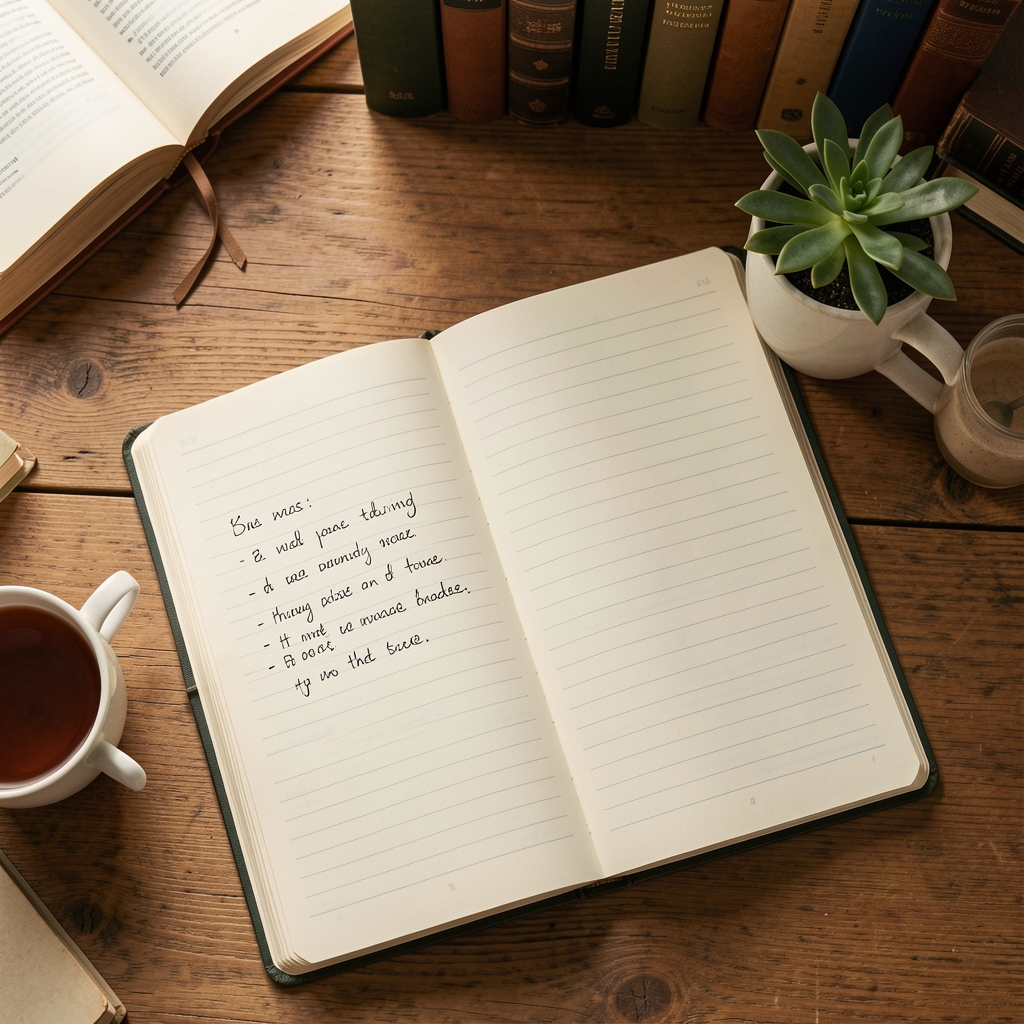 Overhead view of an open notebook with handwritten notes beside a cup of tea and a small plant on a wooden desk in a calm, well-lit study environment