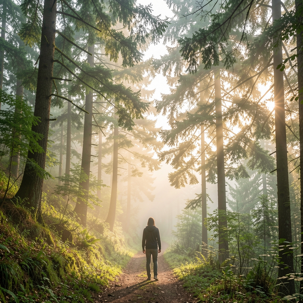 Person standing at dawn on a misty hillside forest trail surrounded by tall green trees, soft morning light filtering through branches, a sense of calm movement and natural solitude