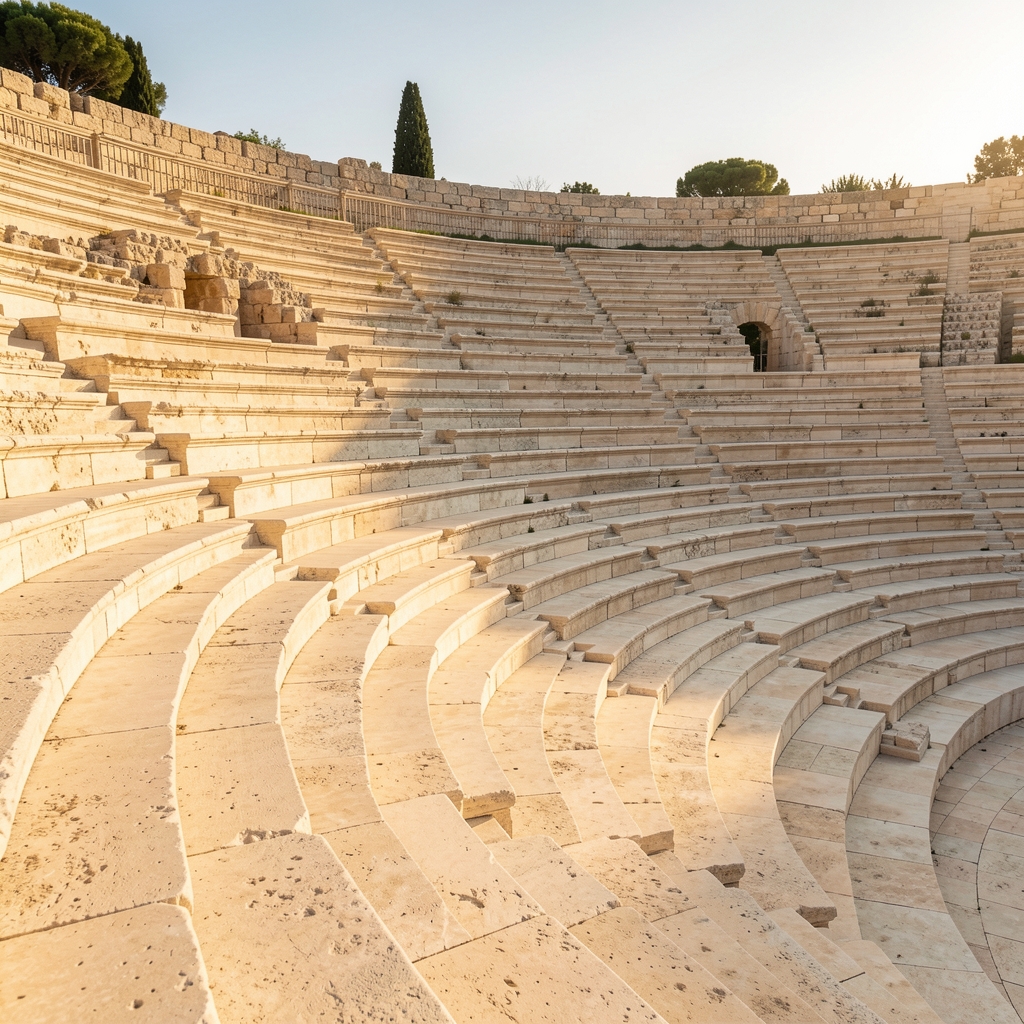 Ancient stone amphitheatre steps in warm Mediterranean sunlight, wide empty terraces of pale limestone suggesting a site associated with physical culture and public gathering