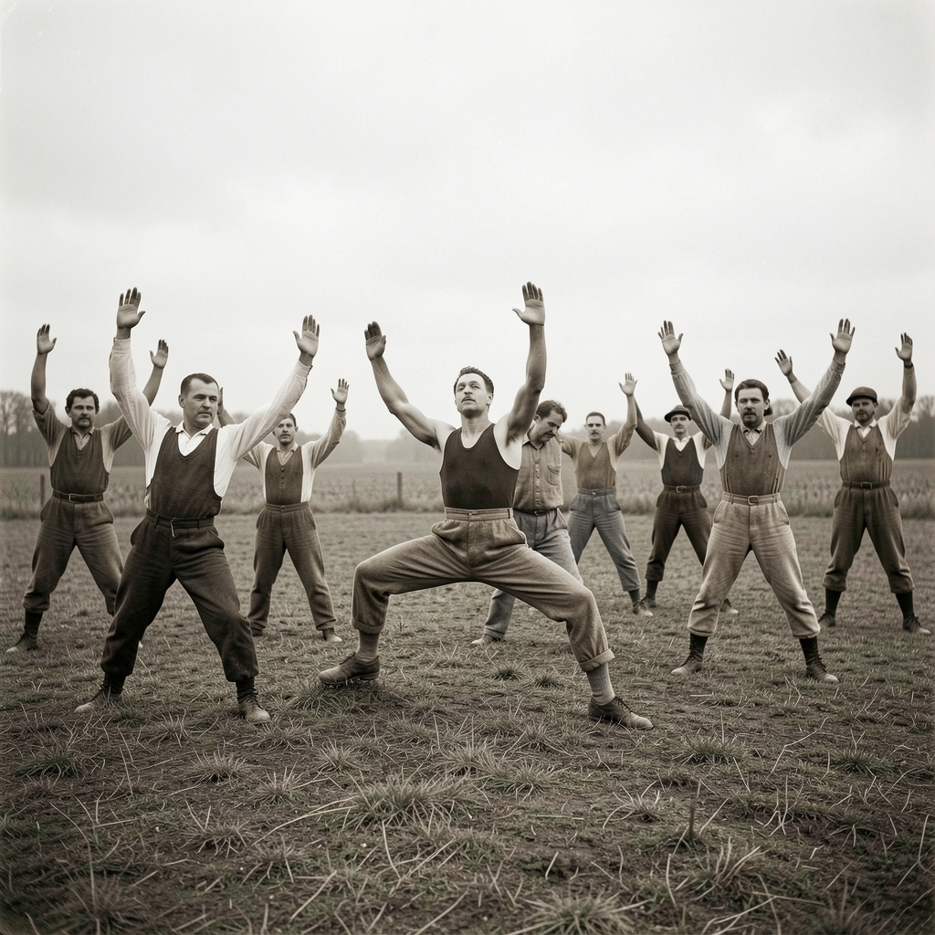 Black and white archival style photograph of a group of people in early twentieth century athletic attire performing synchronised calisthenics exercises in an open field with soft overcast light