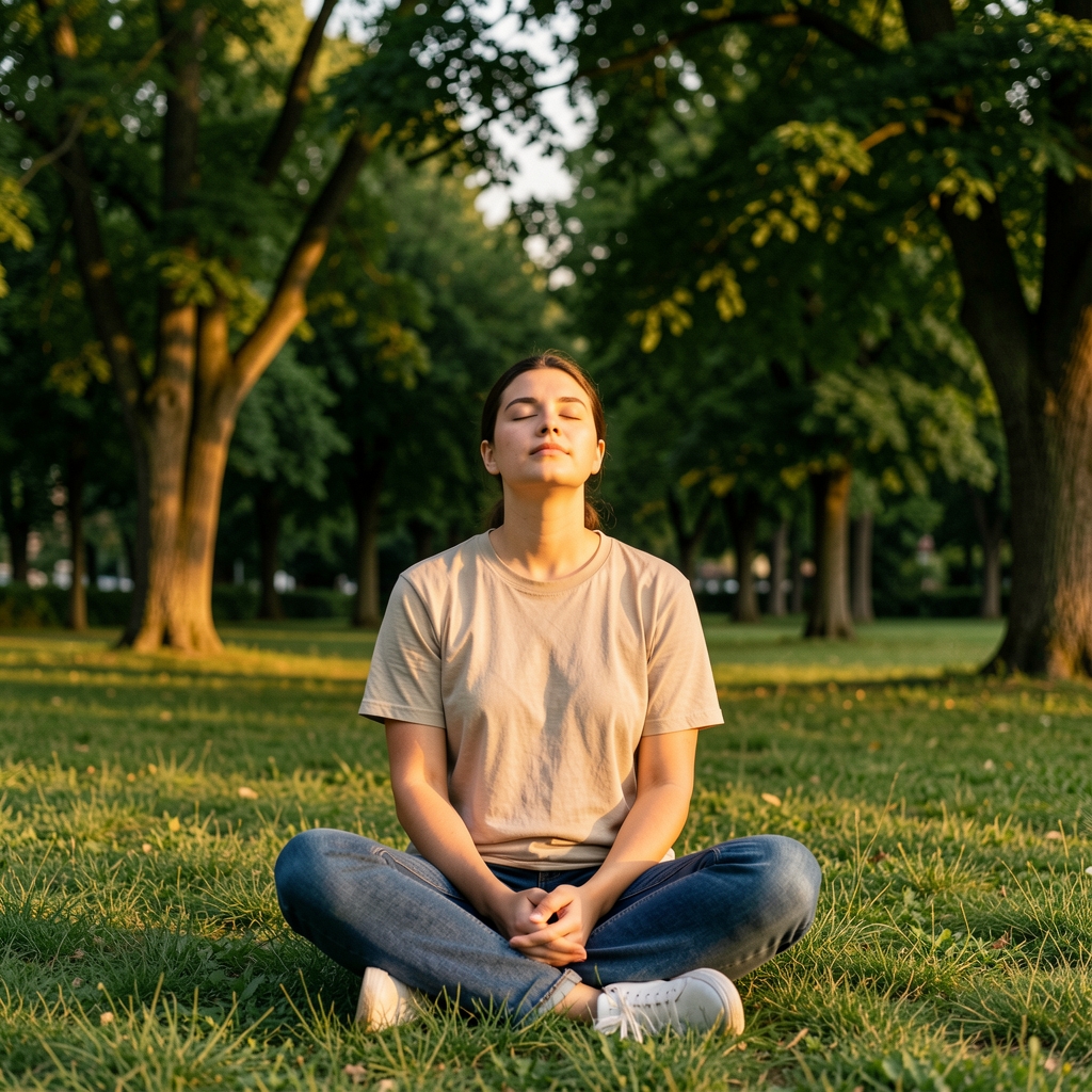 Person sitting cross-legged in a quiet park clearing with eyes closed, surrounded by lush green trees, late afternoon golden light on their face and hands resting on knees
