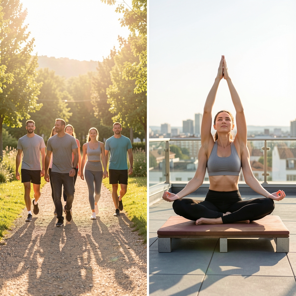 Side by side visual composition showing outdoor group walking on a sunlit path and a person doing slow morning yoga on a rooftop terrace, illustrating contrasting approaches to physical activity