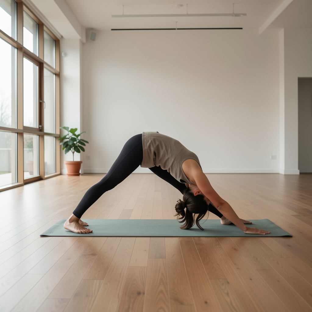 Wide angle view of a person performing slow, deliberate stretching movements in an open minimalist indoor studio with wooden floors and diffused natural light from large windows